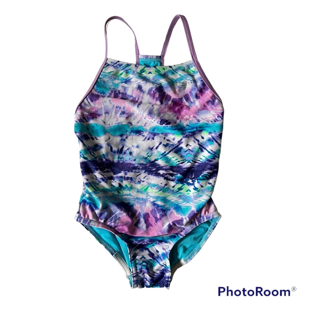 Speedo- Girls Thin Strap One Piece Swimsuit Size XS (5/6) Purple Tie-Dye